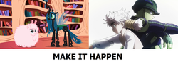 Size: 2136x778 | Tagged: safe, queen chrysalis, oc, oc:fluffle puff, tumblr:ask fluffle puff, g4, canon x oc, comparison, exploitable meme, female, hunter x hunter, komugi, lesbian, make it happen, meme, meruem, shipping