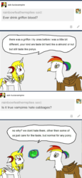 Size: 756x1649 | Tagged: safe, artist:ask-luciavampire, oc, oc only, oc:lucia nightblood, oc:rainbow feather, alicorn, griffon, pony, vampire, vampony, tumblr:ask-luciavampire, alicorn oc, ask, cabbage, food, tumblr