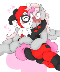 Size: 1681x2005 | Tagged: safe, artist:blackbewhite2k7, pinkie pie, oc, g4, butt, commission, crossover, harley quinn, hug, kissing, plot