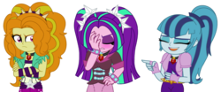 Size: 900x376 | Tagged: safe, artist:cbear624, adagio dazzle, aria blaze, sonata dusk, equestria girls, g4, blushing, clothes swap, embarrassed, laughing, simple background, the dazzlings, transparent background