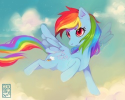 Size: 1280x1024 | Tagged: safe, artist:octogear, rainbow dash, g4, cloud, female, flying, signature, sky, solo