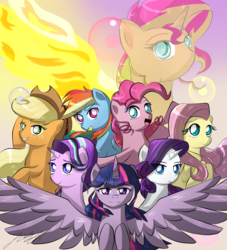 Size: 3000x3300 | Tagged: safe, artist:phoenixgoldensilver, applejack, fluttershy, pinkie pie, rainbow dash, rarity, starlight glimmer, sunset shimmer, twilight sparkle, alicorn, earth pony, pegasus, pony, unicorn, g4, season 6, group shot, high res, mane six, twilight sparkle (alicorn)