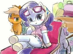 Size: 867x647 | Tagged: safe, artist:apricolor, applejack, rarity, sweetie belle, pony, g4, sleepless in ponyville, abuse, applejack is not amused, camping outfit, clothes, fainting couch, glasses, luggage, scene interpretation, sweetiebuse, trio, unamused