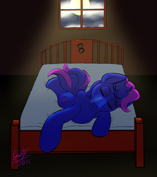 Size: 1280x1440 | Tagged: safe, artist:gift, oc, oc only, oc:sugar rush, earth pony, pony, bed, male, moonlight, sleeping, solo, stallion