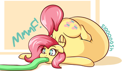 Size: 1530x894 | Tagged: safe, artist:graphenescloset, fluttershy, pegasus, pony, g4, belly, big belly, face down ass up, fattershy, female, hose, immobile, impossibly large belly, inflation, solo, stomach noise