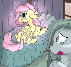 Size: 1024x961 | Tagged: safe, artist:firefanatic, fluttershy, marble pie, g4, bed, crying, cute, fluffy, sparkles