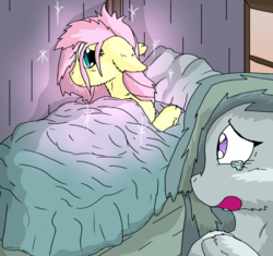Size: 1024x961 | Tagged: safe, artist:firefanatic, fluttershy, marble pie, g4, bed, blanket, crying, cute, fluffy, sparkles