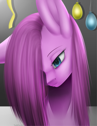 Size: 1557x2015 | Tagged: safe, artist:noodlefreak88, pinkie pie, g4, balloon, female, hair over one eye, pinkamena diane pie, sad, solo, streamers