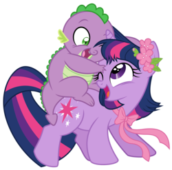 Size: 3548x3500 | Tagged: safe, artist:brendahickey, artist:masem, idw, spike, twilight sparkle, dragon, pony, unicorn, g4, spoiler:comic, spoiler:comic40, .ai available, baby spike, cute, daaaaaaaaaaaw, dragons riding ponies, duo, filly, filly twilight sparkle, flower, flower in hair, high res, male, ribbon, riding, simple background, spikabetes, spike riding twilight, transparent background, twiabetes, vector, young