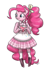 Size: 862x1280 | Tagged: safe, artist:king-kakapo, pinkie pie, earth pony, anthro, unguligrade anthro, g4, alternate hairstyle, arm hooves, boots, clothes, dress, female, frilly dress, frilly pie, heart, multiple variants, ribbon, skirt, socks, solo
