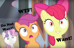 Size: 800x518 | Tagged: safe, edit, screencap, apple bloom, scootaloo, sweetie belle, for whom the sweetie belle toils, g4, cutie mark crusaders, do not want, reaction image, text edit, varying degrees of want, want, wtf