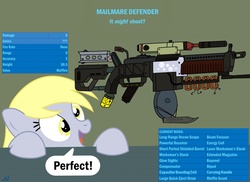 Size: 1280x931 | Tagged: safe, artist:nuka-kitty, derpy hooves, pegasus, pony, g4, crossover, fallout, fallout 4, female, funny, gun, mare, modified, silly, weapon, what has science done
