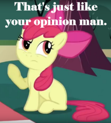 Size: 706x782 | Tagged: safe, edit, screencap, apple bloom, g4, hearts and hooves day (episode), annoyed, hearts and hooves day, text edit, the big lebowski, tree, unamused