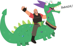 Size: 986x614 | Tagged: safe, artist:nekoni-chan, crackle, dragon, human, g4, bandolier, bullet, crossover, heavy (tf2), heavy weapons guy, humans riding dragons, man, necklace, rearing, riding, simple background, team fortress 2, transparent background