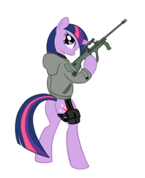 Size: 2872x3528 | Tagged: safe, artist:shadawg, twilight sparkle, pony, g4, assault rifle, bipedal, clothes, female, gun, high res, hoodie, rifle, solo, steyr aug, weapon
