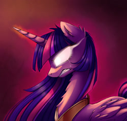 Size: 2300x2200 | Tagged: safe, artist:magnaluna, twilight sparkle, alicorn, pony, g4, angry, chest fluff, crying, fangs, female, fluffy, glare, glowing eyes, gritted teeth, high res, immortality blues, mare, older, rage, regalia, solo, twilight sparkle (alicorn)