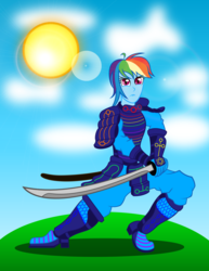 Size: 2317x3000 | Tagged: safe, artist:spellboundcanvas, rainbow dash, equestria girls, g4, armor, female, high res, katana, lens flare, samurai, solo, sword, weapon