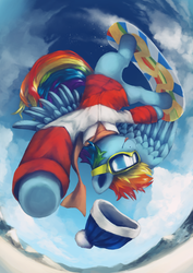 Size: 1024x1448 | Tagged: safe, artist:anticular, rainbow dash, pegasus, pony, g4, :p, clothes, female, goggles, hat, jacket, mare, snow, snowboard, snowboarding, solo, tongue out, upside down
