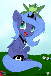 Size: 4000x6000 | Tagged: safe, artist:jowyb, artist:wodahseht, princess luna, frog, pony, g4, cute, female, filly, filly luna, lunabetes, solo, woona, younger