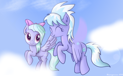 Size: 1800x1112 | Tagged: safe, artist:bluemeganium, cloudchaser, flitter, pony, g4, cloud, cute, cutechaser, flitterbetes, fluffy, flying, pair, sky, smiling