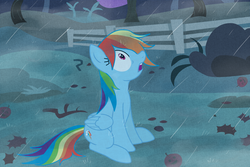 Size: 1500x1000 | Tagged: safe, artist:creepycurse, rainbow dash, g4, female, rain, sitting, solo