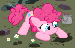 Size: 1338x860 | Tagged: safe, artist:sallycars, pinkie pie, g4, female, filly, filly pinkie pie, flower, legitimately amazing mspaint, ms paint, solo, watering can
