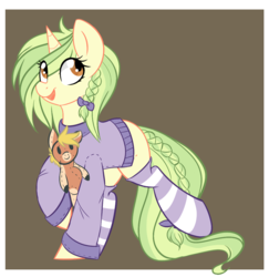 Size: 1164x1200 | Tagged: safe, artist:daydreamsyndrom, oc, oc only, pony, unicorn, braid, clothes, plushie, socks, solo, striped socks, sweater