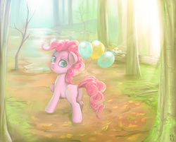 Size: 2480x1996 | Tagged: safe, artist:mrs1989, pinkie pie, g4, balloon, female, looking at you, painting, solo, tree, wood