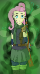 Size: 497x920 | Tagged: safe, artist:verbose, fluttershy, equestria girls, g4, airsoft, cute, fanfic art, female, shooting for friendship, solo