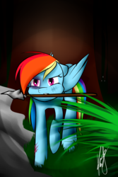 Size: 1000x1500 | Tagged: safe, artist:catopia26, rainbow dash, g4, female, mouth hold, solo, spear, weapon