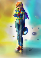 Size: 1634x2301 | Tagged: safe, artist:leadhooves, rainbow dash, human, g4, clothes, converse, female, humanized, jumpsuit, racing suit, shoes, sneakers, solo, unzipping