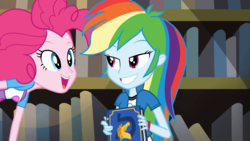 Size: 1366x768 | Tagged: safe, edit, edited screencap, screencap, pinkie pie, rainbow dash, equestria girls, g4, book, grin