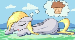 Size: 1920x1038 | Tagged: safe, artist:kawaiipony2, derpy hooves, pegasus, pony, g4, female, food, mare, muffin, sleeping, solo