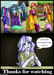 Size: 1259x1727 | Tagged: safe, artist:namyg, adagio dazzle, aria blaze, sonata dusk, sunset shimmer, oc, oc:silver moon, human, comic:the other me, equestria girls, g4, human dazzlings, human ponidox, human sunset, laughing, looking at you, self paradox, self ponidox, the dazzlings