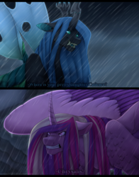 Size: 1024x1307 | Tagged: dead source, safe, artist:samandriilrf, princess cadance, queen chrysalis, alicorn, changeling, changeling queen, pony, g4, crossover, dialogue, duo, duo female, female, implied flurry heart, lion king 2 simba's pride, rain, reference, the lion king