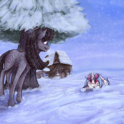 Size: 2000x2000 | Tagged: safe, artist:cometakat, dj pon-3, octavia melody, vinyl scratch, g4, cottage, female, high res, lesbian, playing, ship:scratchtavia, shipping, snow, snowfall, tree, windswept mane, winter