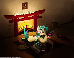 Size: 1054x828 | Tagged: safe, artist:foxinshadow, dj pon-3, octavia melody, vinyl scratch, earth pony, pony, unicorn, g4, bedroom eyes, blushing, candle, clothes, cuddling, female, fireplace, headphones, lesbian, mare, prone, ship:scratchtavia, shipping, smiling, snuggling, socks, stockings, striped socks, vinyl's glasses