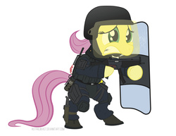 Size: 1650x1275 | Tagged: safe, artist:astralbeast, fluttershy, pony, g4, bayonet, bipedal, call of duty, crossover, female, flashbang, grenade, gun, knife, mp5, police, riot gear, riot shield, shield, solo, submachinegun, swat, urban chaos riot response, weapon