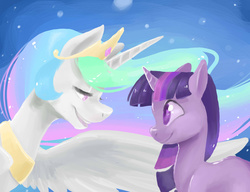 Size: 1024x788 | Tagged: safe, artist:ellamred, princess celestia, twilight sparkle, alicorn, pony, unicorn, g4, female, looking at each other, mare, smiling