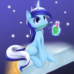 Size: 1021x1025 | Tagged: safe, artist:hashioaryut, minuette, pony, unicorn, g4, cute, female, magic, mare, mouth hold, solo, toothbrush