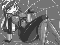 Size: 1467x1091 | Tagged: safe, artist:shonuff44, sunset shimmer, equestria girls, g4, big breasts, breasts, busty sunset shimmer, female, latex, male, solo, spider web, spider-girl, spider-man