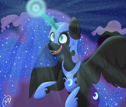 Size: 3500x3000 | Tagged: safe, artist:bloodcraftff, nightmare moon, alicorn, pony, g4, crepuscular rays, female, flying, grin, high res, magic, open mouth, sharp teeth, solo, spread wings
