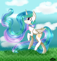Size: 1024x1088 | Tagged: safe, artist:cloudsabovedawn, princess celestia, g4, female, grass, raised hoof, solo