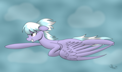 Size: 1700x1000 | Tagged: safe, artist:spirit-dude, cloudchaser, pegasus, pony, g4, female, floppy ears, flying, grin, reaching, solo