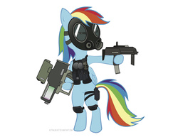 Size: 1650x1275 | Tagged: safe, artist:astralbeast, rainbow dash, pony, g4, bipedal, dexterous hooves, female, gas mask, mp7, solo, weapon, who needs trigger fingers, xm25