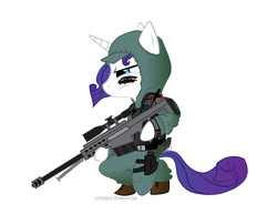 Size: 1650x1275 | Tagged: safe, artist:astralbeast, rarity, pony, unicorn, semi-anthro, g4, female, gun, hooves, horn, m107, mare, optical sight, rifle, simple background, sniper, sniper rifle, solo, weapon, white background