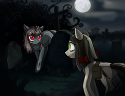 Size: 2090x1613 | Tagged: safe, artist:kyaokay, oc, oc only, oc:eerie belle, oc:melanne koelia, creepy, graveyard, moon