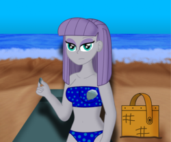 Size: 899x749 | Tagged: safe, artist:cyber-murph, boulder (g4), maud pie, equestria girls, g4, my little pony equestria girls: rainbow rocks, basket, beach, belly button, bikini, clothes, cutie mark, female, midriff, ocean, solo, swimsuit, towel