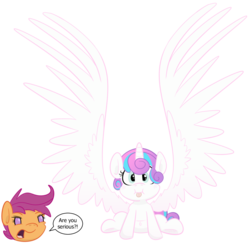 Size: 1336x1301 | Tagged: dead source, safe, artist:jittery-the-dragon, princess flurry heart, scootaloo, g4, the crystalling, dialogue, flurry heart vs scootaloo, large wings, simple background, spread wings, tongue out, transparent background, wing envy