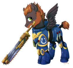 Size: 917x848 | Tagged: safe, artist:c-puff, oc, oc only, pony, armor, chainsword, male, mouth hold, power armor, powered exoskeleton, purity seal, solo, space marine, stallion, ultramarine, warhammer (game), warhammer 40k